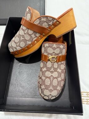 Coach Brown Signature Canvas Clog Mules with Tan Leather Strap